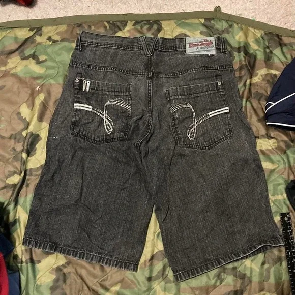 5ive Jungle black baggy jean shorts embroidered vtg y2k men's 34/14.5 - Picture 2 of 8